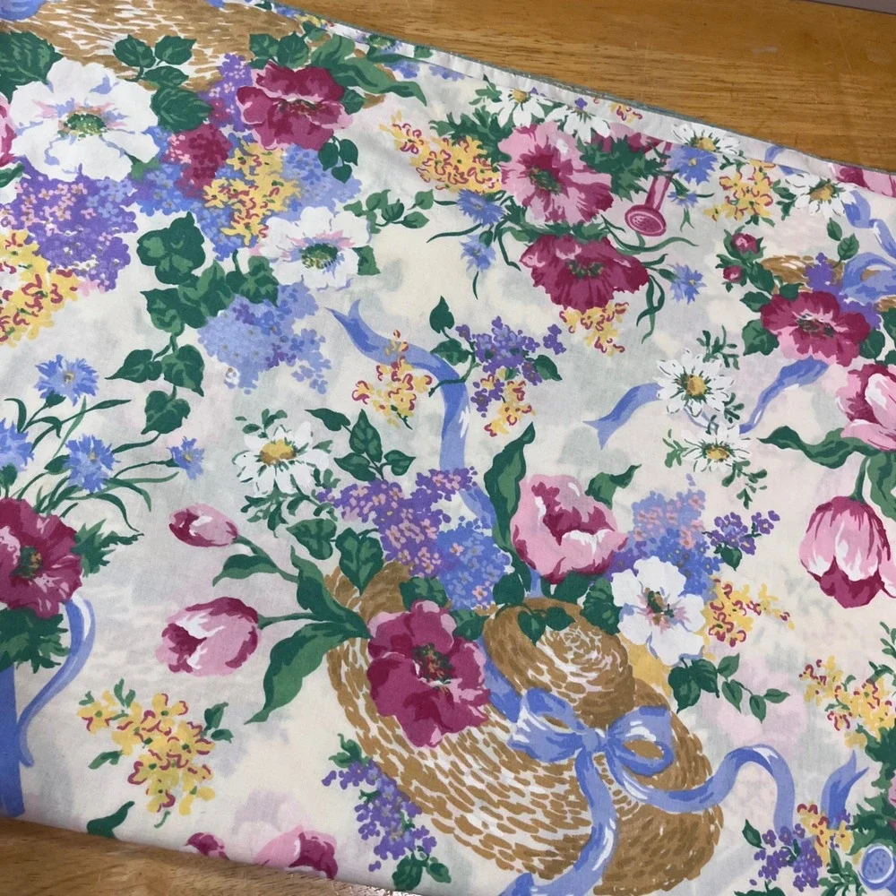 Vtg Floral Garden Tablecloth 58x84 Pink Tulips Lilacs Straw Hat Cottagecore